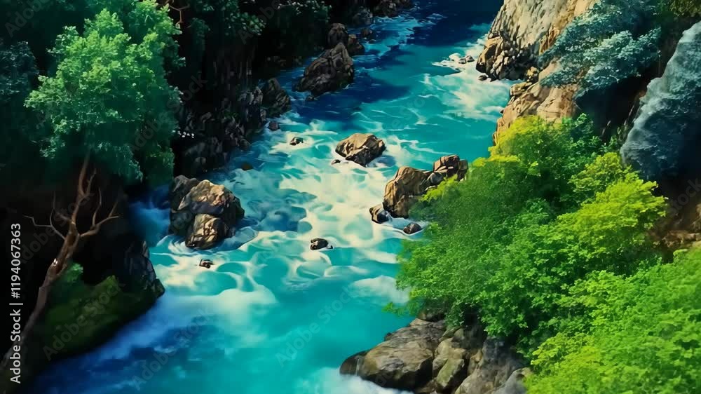 Crystal clear river flows through rocky gorge surrounded by lush greenery during bright sunny day Crystal clear river flows through rocky gorge surrounded by lush greenery during bright sunny day