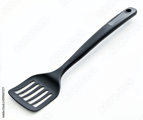 Black plastic slotted spatula isolated on white background. photo