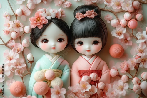 Traditional Japanese Dolls and Sweets in a Pastel Still Life for Hina Matsuri Celebration photo