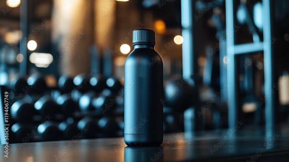 Black Water Bottle in Gym Setting, Ideal for Fitness Enthusiasts Black Water Bottle in Gym Setting, Ideal for Fitness Enthusiasts