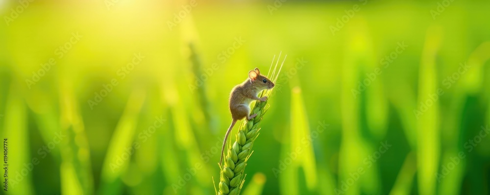 Mouse exploring the top of a wheat stalk in sunlight, green fields, wheat, insect Mouse exploring the top of a wheat stalk in sunlight, green fields, wheat, insect