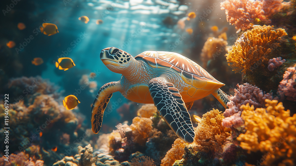 Obraz premium a view of a coral reef with vibrant branching corals, a sea turtle gliding through the water, and colorful tropical fish darting in and out of crevices