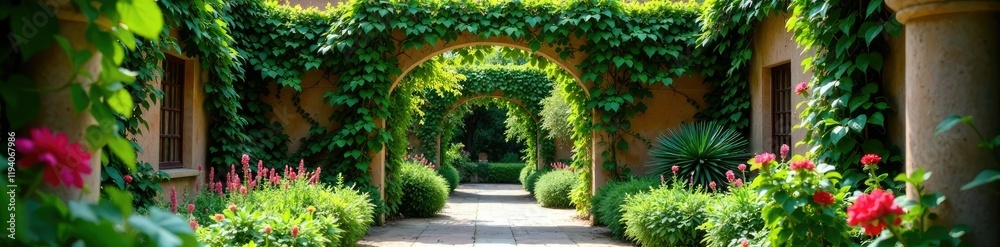Fototapeta premium Overgrown trellis with vines and flowers in a courtyard, trellis, garden