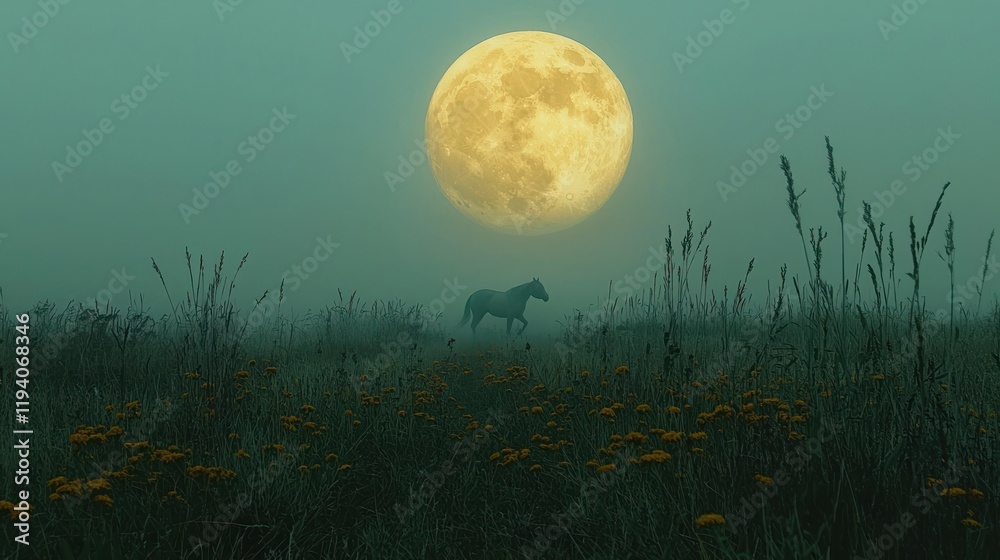 Fototapeta premium A horse in a misty field under a full moon.