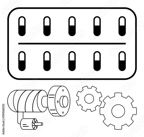 Pill blister pack with capsules next to industrial gears and motor. Ideal for healthcare, pharmaceuticals, engineering, machinery, manufacturing, technology, and innovation themes. Line metaphor