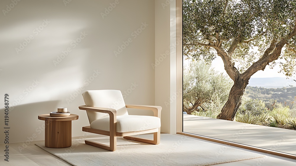 Fototapeta premium Modern lounge chair in serene minimalist interior with scenic view of nature