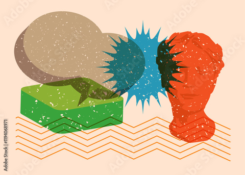 Risograph Head Statue with speech bubble with geometric shapes. Objects in trendy riso graph print texture style design with geometry elements.