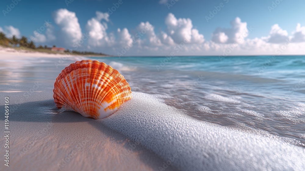 Obraz premium Vibrant Seashell on Sandy Shore at Sunrise with Gentle Ocean Waves.