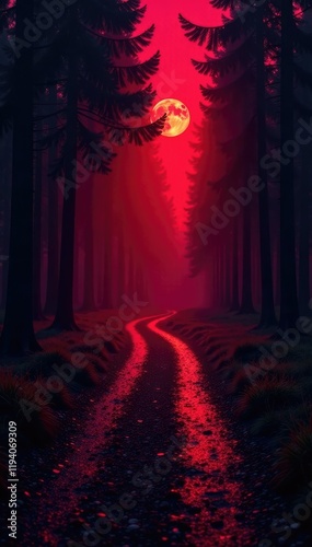 Red background with retro round headlight on a dark forest path, shadows, darkness photo