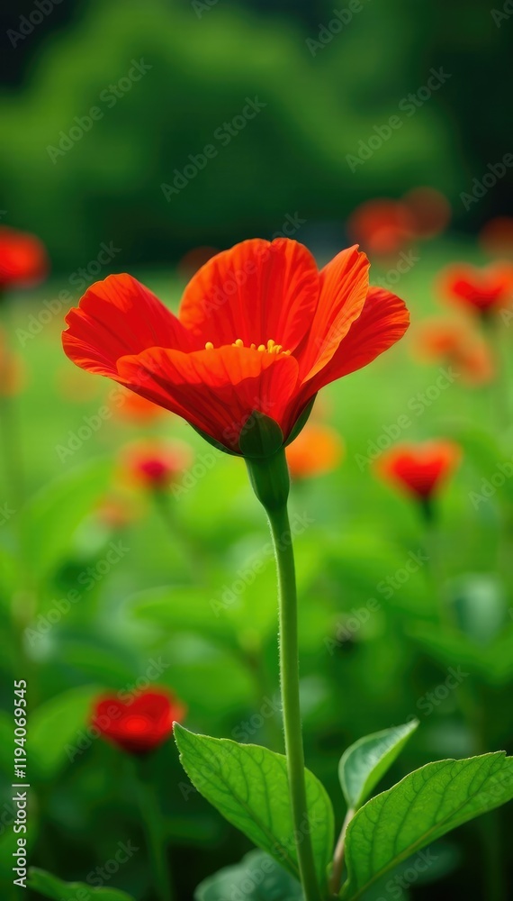 Red nasturtium flower blooms in green grass landscape, greenery, nasturtium, red Red nasturtium flower blooms in green grass landscape, greenery, nasturtium, red