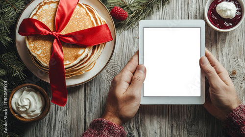 The concept of winter send-off in Russia. Maslenitsa. A man holds a tablet with a white screen in front of a plate of pancakes tied with a red ribbon. Tablet mockup