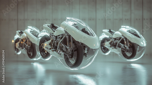 futuristic hovering motorcycle showroom, multiple floating bikes, minimal white space  photo