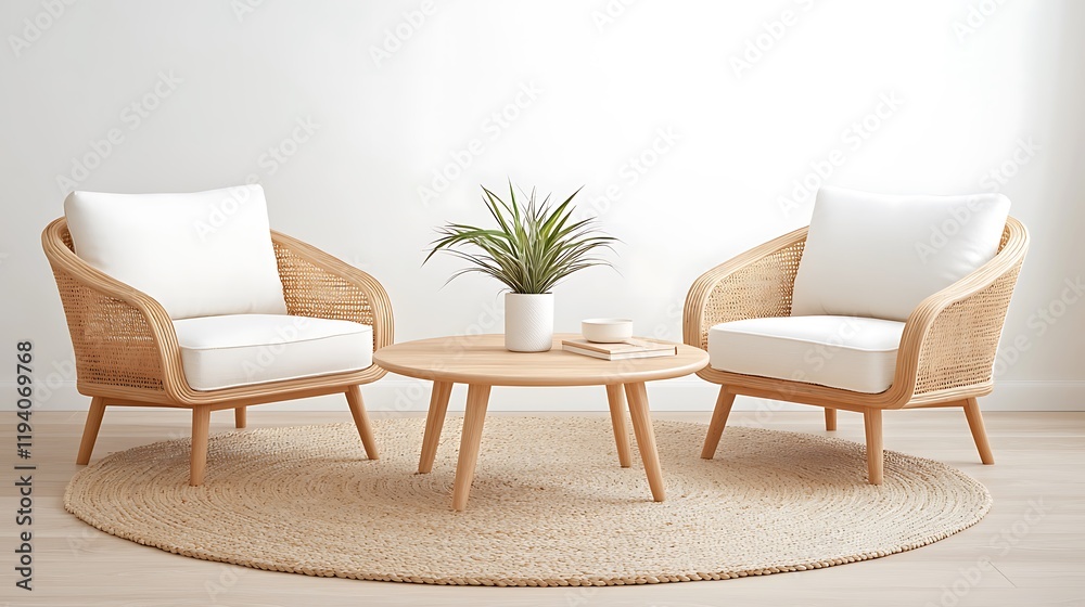 Fototapeta premium Bright and cozy living room design featuring rattan chairs for an inviting atmosphere