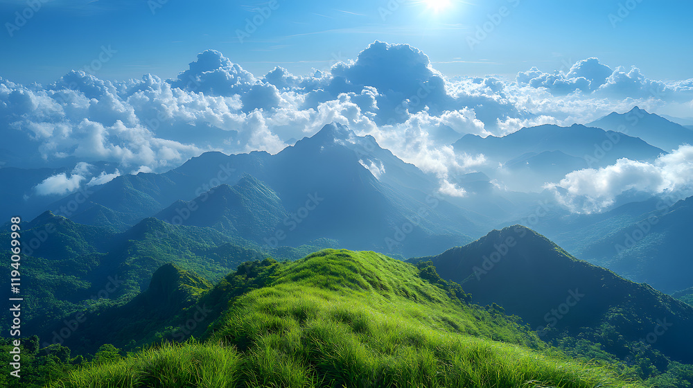 Fototapeta premium A beautiful sunset over a mountain range with a field of tall grass. The sky is a mix of orange and blue hues, creating a serene and peaceful atmosphere. The sun is setting behind the mountains