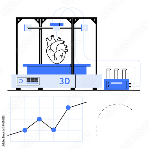 3D printer creating a human heart model, connected lab equipment, data chart with increasing trend. Ideal for healthcare, biotechnology, innovation, research, technology, medical education abstract