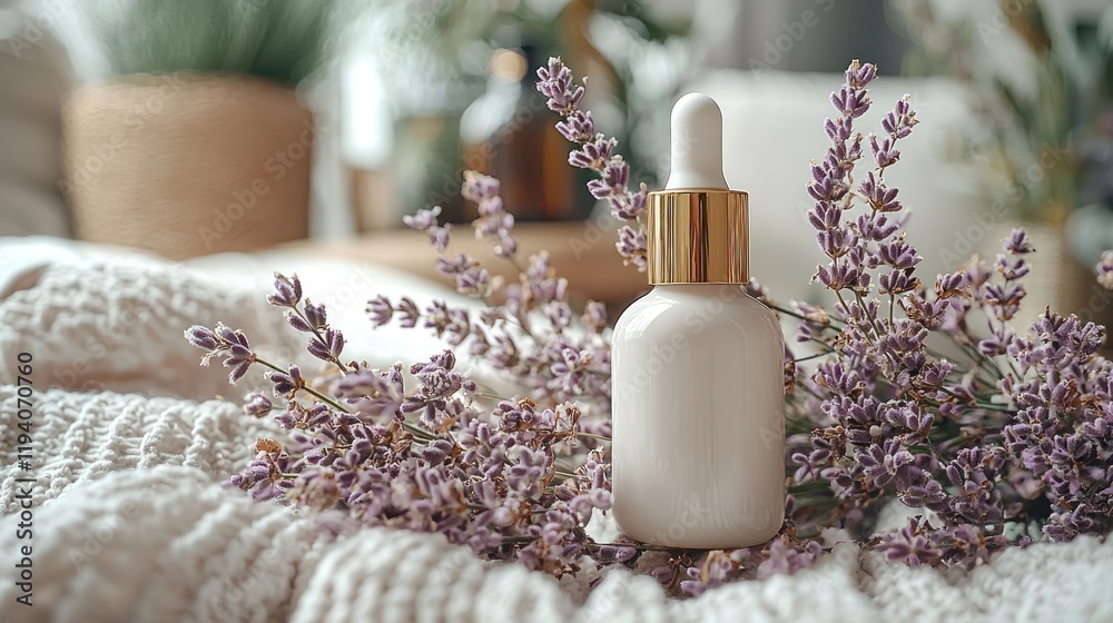 A beauty serum bottle surrounded by lavender flowers. A beauty serum bottle surrounded by lavender flowers.