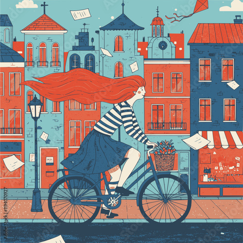 Red-haired girl riding a bicycle along a city street with her lush hair fluttering in the wind, cartoon style illustration. Multilayer SVG file without gaps between paths.