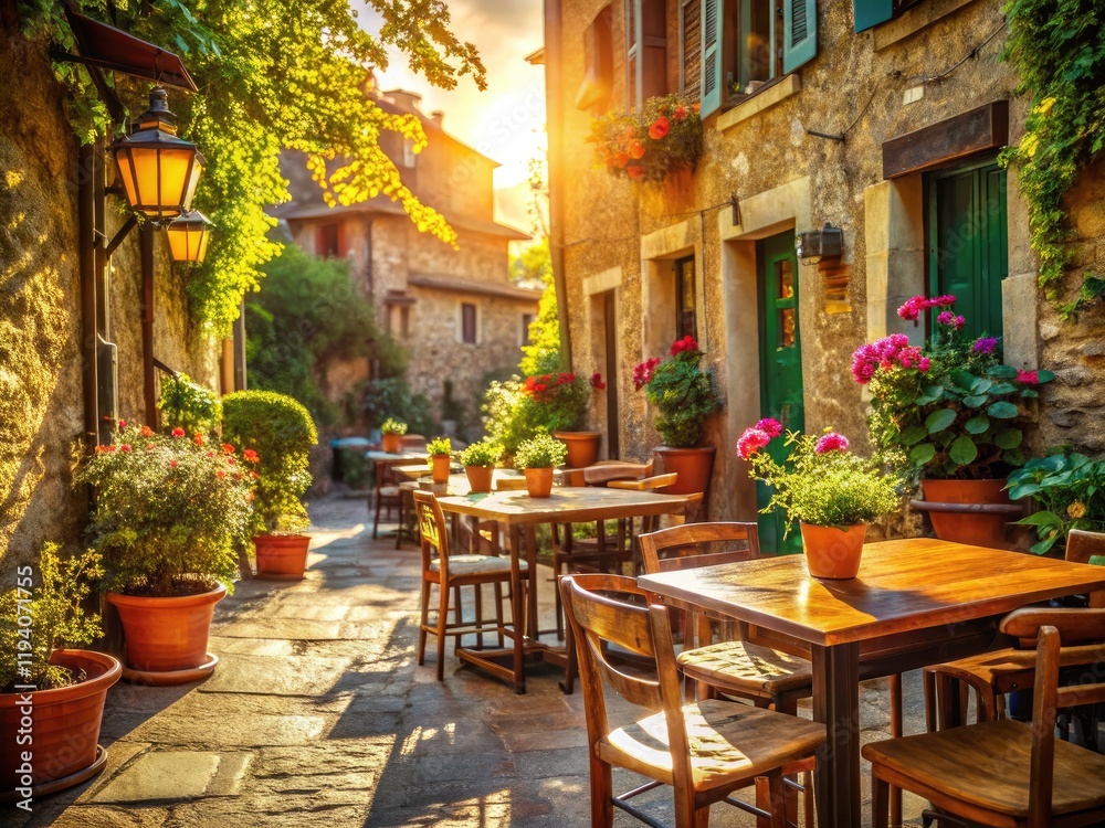 Obraz premium Tuscan Village Cafe: Cozy Outdoor Seating, Wooden Tables, Italian Countryside Charm