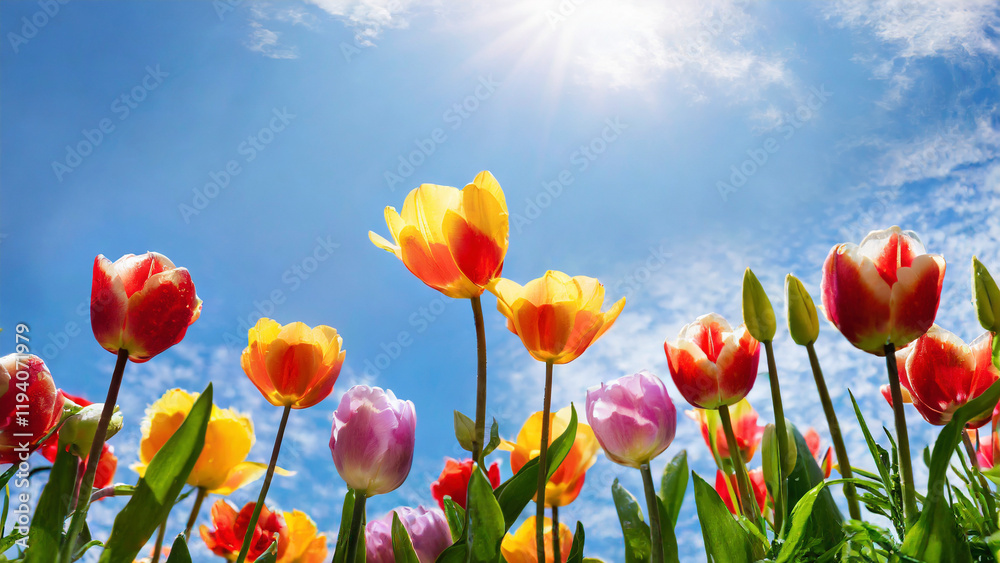 Fototapeta premium Colorful tulips with blue sky and sun in the background.