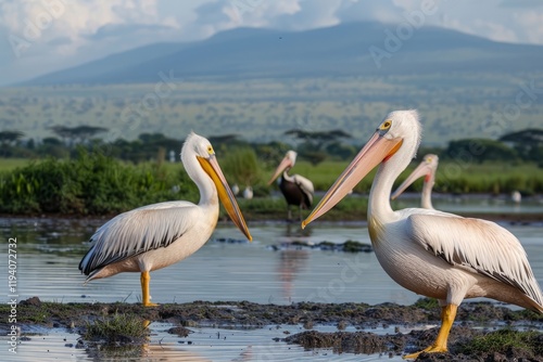 Great white pelicans in Lake Nakuru National Park - Kenya, Africa photo