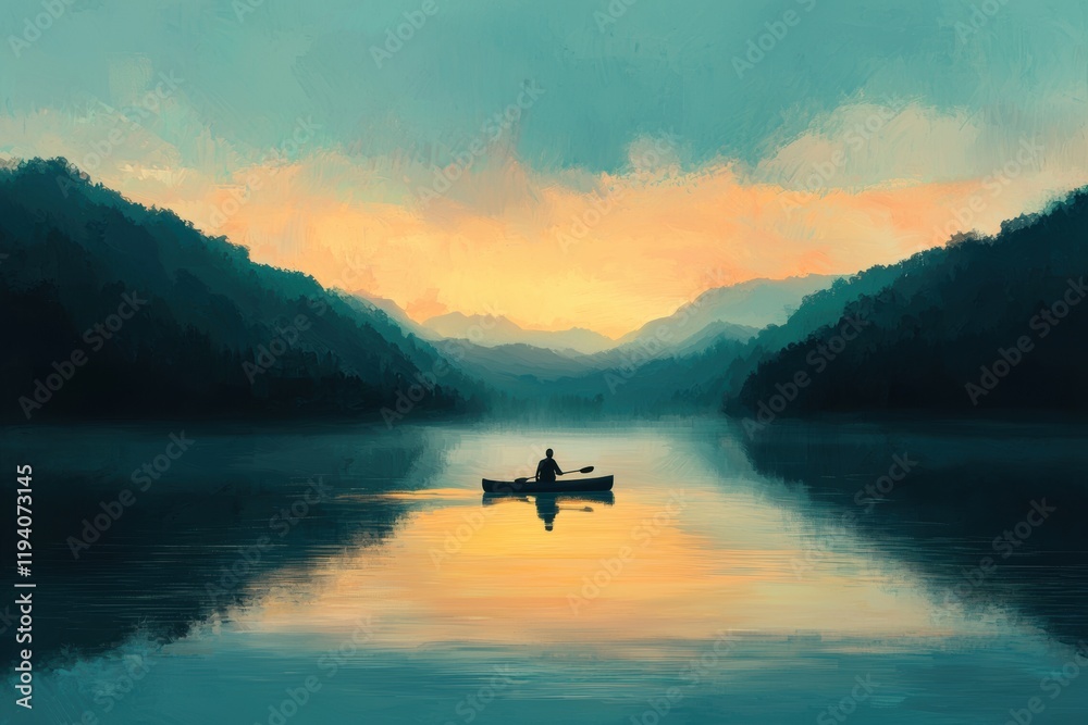 Fototapeta premium Serene Sunset Reflection Over Calm Lake with Kayak in Mountains