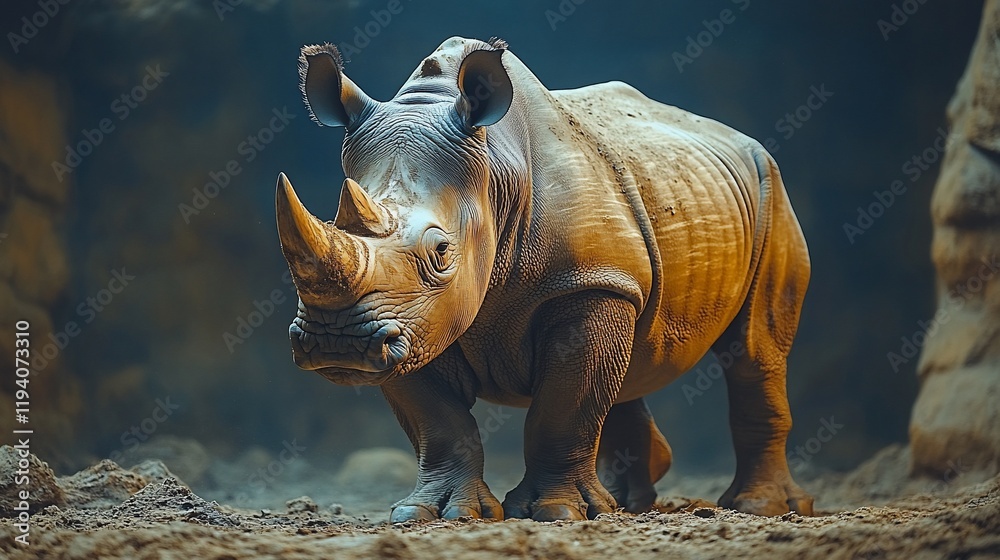 Fototapeta premium Majestic white rhinoceros standing on rocky ground, dimly lit background.