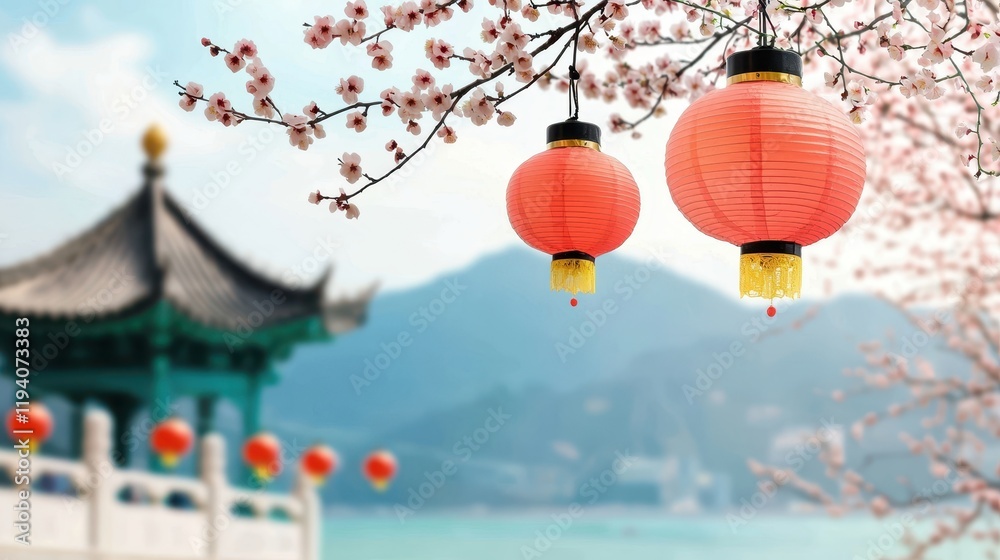 Obraz premium Chinese lanterns hanging from cherry blossom branches in serene landscape backdrop with traditional architecture