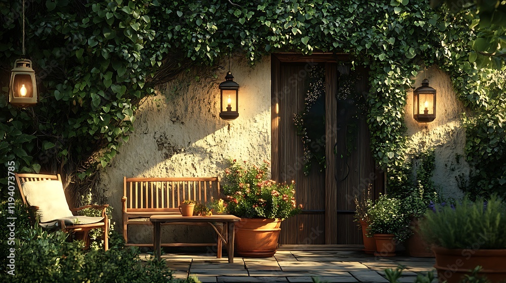 Obraz premium A serene rustic retreat with wooden furniture, lanterns hanging from ivy-covered walls, and terracotta pots filled with fresh herbs and flowers, glowing sunlight filtering through the greenery,