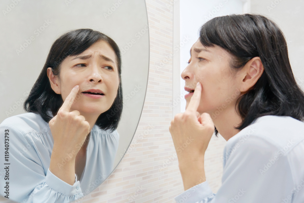 鏡で顔を見て悩む50代の女性 鏡で顔を見て悩む50代の女性
