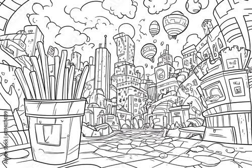 Fries and Futuristic Cityscape - Black and White Illustration