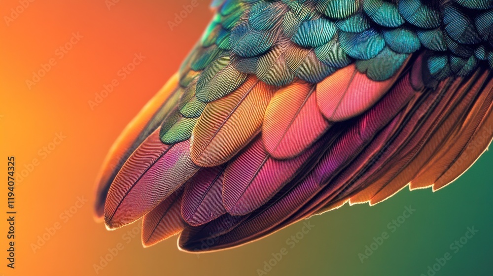 Obraz premium Vibrant bird wing feathers, close-up, sunset, design