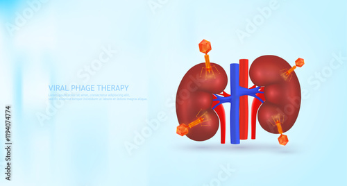 Model red bacteriophage on kidney. Phage therapy or phagotherapy. Virus affects destroys harmful bacterial cell human internal. Medical science research and analysis. Banner vector EPS10.