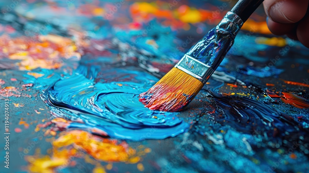 Brush applying vibrant paint on canvas.