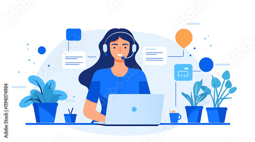 Woman Working on Laptop with Headset in Modern Home Office, Digital Illustration for Website Background