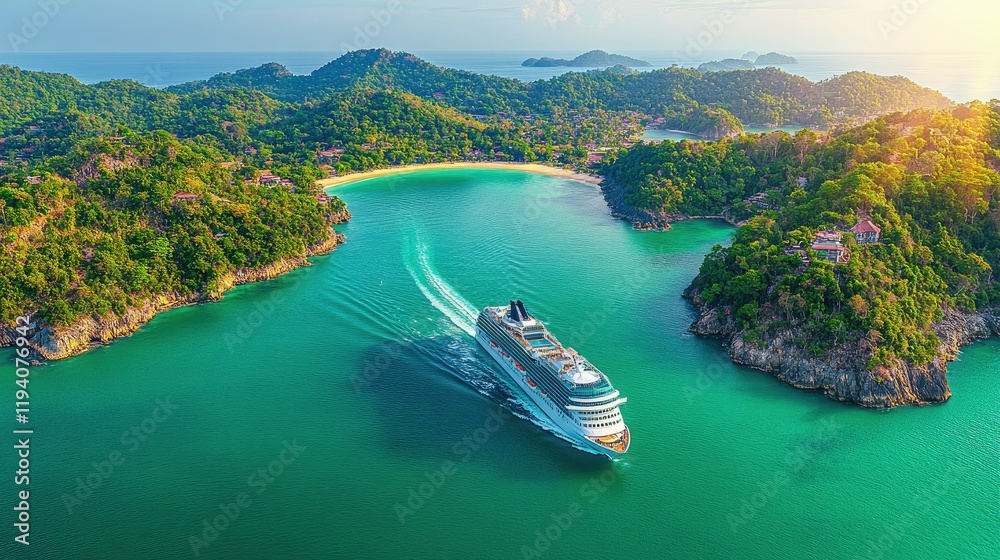 Fototapeta premium Cruise Ship Sailing Through Tropical Island Paradise