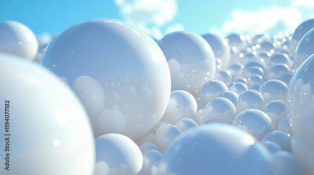 Abstract 3D Render of Glossy White Spheres against a Blue Sky Background: A Digital Art Creation