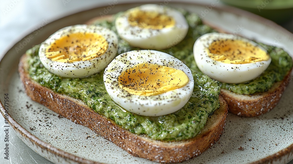 Avocado toast with boiled eggs and pesto on a rustic plate, perfect for culinary blogs and healthy lifestyle promotions Avocado toast with boiled eggs and pesto on a rustic plate, perfect for culinary blogs and healthy lifestyle promotions