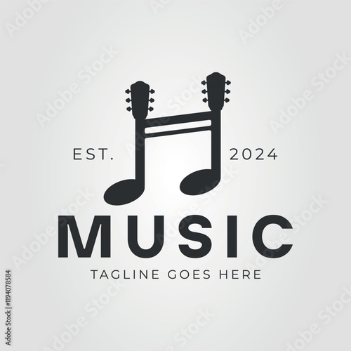 guitar head and musical note logo vector illustration design