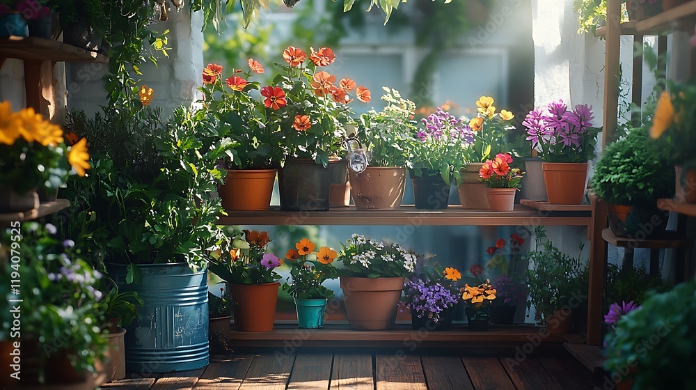 Fototapeta premium A whimsical balcony garden featuring a variety of wildflowers in eclectic planters, from vintage tins to terracotta pots, lush greenery spilling over the edges,