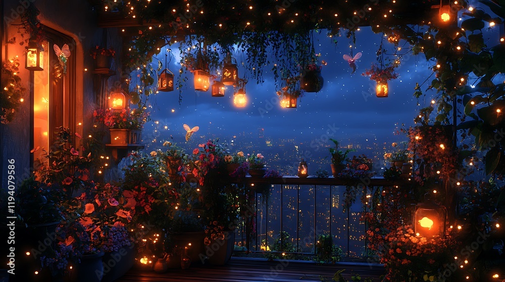 A whimsical balcony garden filled with tiny decorative fairies, glowing lanterns, and vibrant plants, twinkling fairy lights casting soft shadows, a serene night sky in the background, A whimsical balcony garden filled with tiny decorative fairies, glowing lanterns, and vibrant plants, twinkling fairy lights casting soft shadows, a serene night sky in the background,