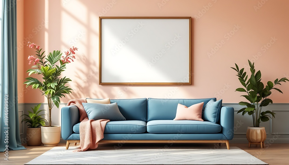 Fototapeta premium Stylish blue sofa in peach room, blank canvas mockup, sunlight