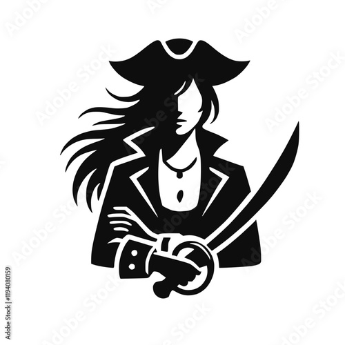 Silhouette einer Piratin mit Säbel und Hut – KI generiert