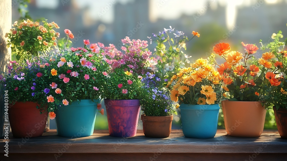 An eclectic balcony garden with wildflowers growing in colorful containers, from hand-painted pots to recycled jars, vibrant greens and soft pastel flowers illuminated by natural light,