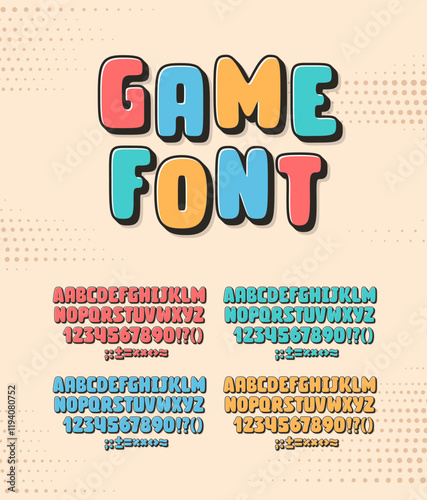 Game Retro Font. Bold Funny Alphabet. Colorful Kids Letters and Numbers.