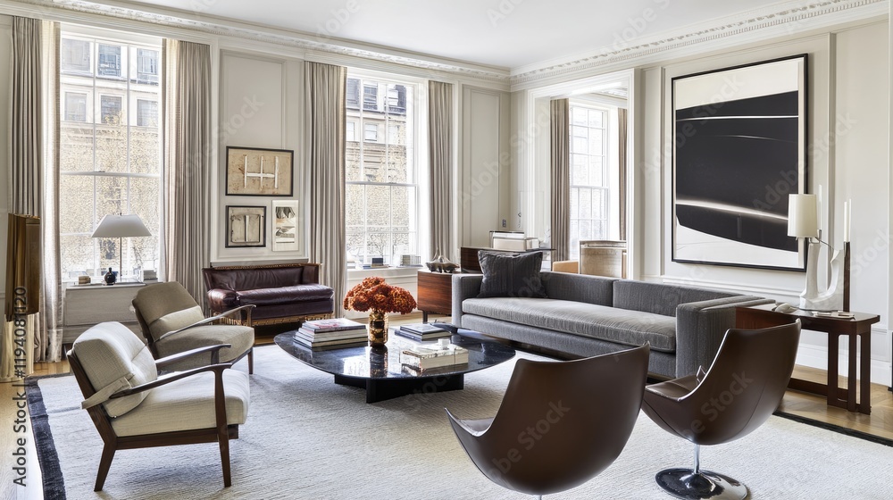 Fototapeta premium A monochrome living room with a gray sofa, a black-and-white carpet, and minimal wall art.