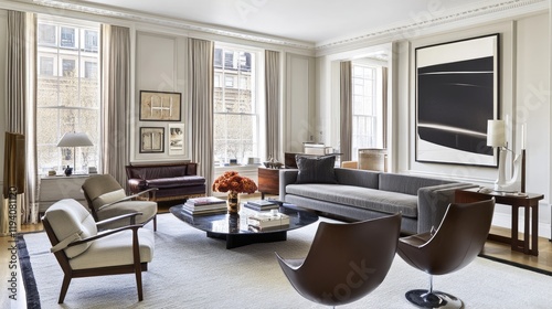 A monochrome living room with a gray sofa  a black-and-white carpet  and minimal wall art.