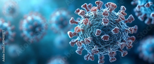 Microscopic view of a virus, detailed structure and surface proteins. photo