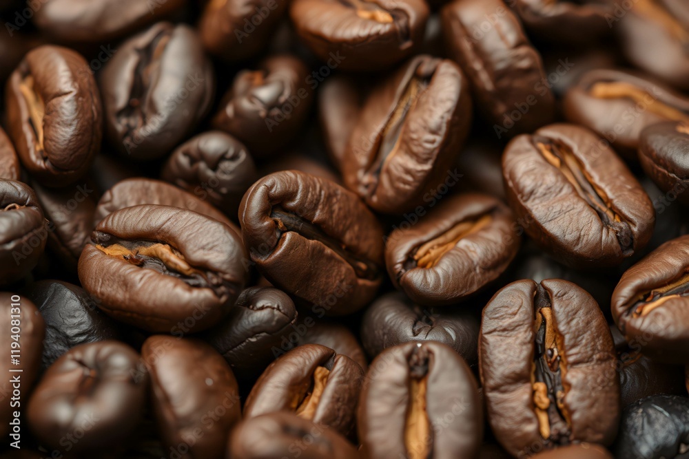 Obraz premium A close-up shot of freshly roasted coffee beans, highlighting the rich textures, color, and details that make each bean unique. Ideal for food, beverage, or lifestyle blogs about coffee culture
