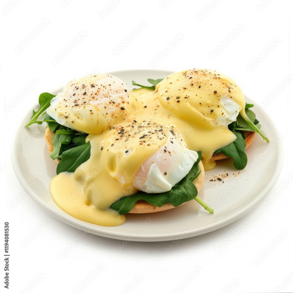 A classic Eggs Florentine with poached eggs and hollandaise sauce, isolated white background, hyperrealism art style A classic Eggs Florentine with poached eggs and hollandaise sauce, isolated white background, hyperrealism art style