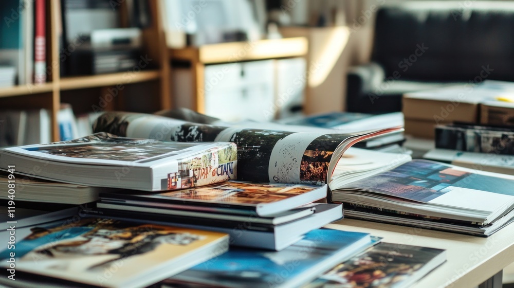 A collection of art books and magazines displayed on a table, showcasing various visuals. A collection of art books and magazines displayed on a table, showcasing various visuals.